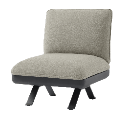 A modern armless chair with a light grey textured fabric upholstery and a dark grey base with four splayed legs.