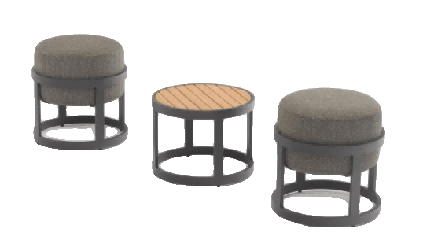 Three round outdoor stools are shown, two with dark gray upholstered tops and one with a slatted light brown wooden top, all featuring dark gray metal bases.