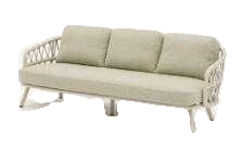 A light-colored outdoor sofa with a woven back and armrests, featuring three seat cushions and three back cushions, all in a matching light fabric, on a white background.