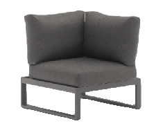 A dark grey corner outdoor sofa section with a metal frame and thick cushions is shown against a plain white background.