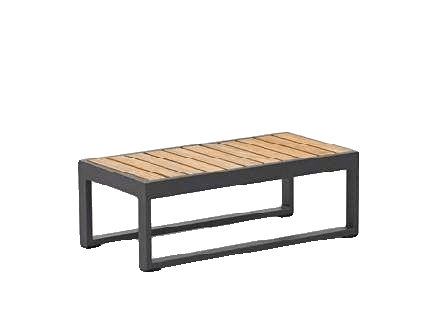 A rectangular outdoor coffee table with a dark grey metal frame and a slatted light brown wooden top is shown against a white background.