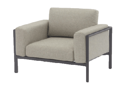A modern outdoor armchair with a light grey fabric cushion and a dark grey metal frame is shown against a plain white background.
