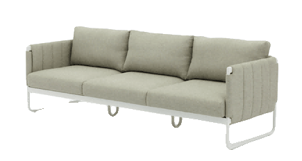 A modern three-seater outdoor sofa with light grey cushions and a white metal frame is presented on a white background.