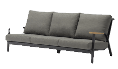 A modern outdoor sofa with a dark gray metal frame, three gray fabric cushions, and light wood armrest accents is shown against a plain white background.