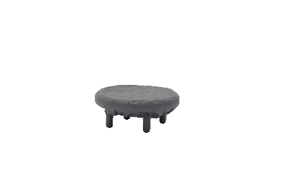 A round, dark gray, textured outdoor fire pit with short legs is shown on a white background, with a black electrical cord extending from its side.