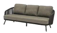 A modern outdoor sofa with a dark grey woven frame and light brown cushions is presented on a white background.