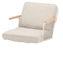 A modern outdoor armchair with a white metal frame, woven rope detailing on the sides, light-colored cushions, and wooden armrests.
