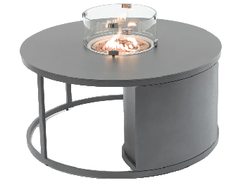 A round, dark grey outdoor coffee table with a central glass-enclosed fire pit, featuring a semi-circular base on one side and an open circular frame on the other.