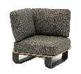 A modern outdoor armchair with dark grey textured cushions and a light brown base with dark grey legs.