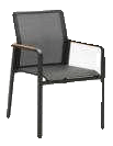 A modern outdoor dining chair with a dark grey mesh seat and back, black metal frame, and light brown wooden armrests.
