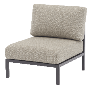 A modern outdoor armless chair with a dark gray metal frame and light beige upholstered cushions for the seat and back.