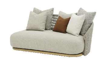 A modern outdoor sofa with light-colored textured upholstery, featuring several throw pillows in varying shades of beige, brown, and gray, set against a plain white background.