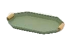 A rectangular serving tray with a sage green finish and light wooden handles is presented on a white background.