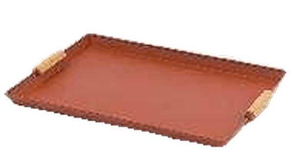 A rectangular serving tray with a reddish-brown finish and light wooden handles on either side is shown on a white background.