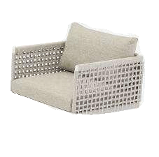 A modern outdoor armchair with a white metal frame and light grey woven sides, featuring matching light grey seat and back cushions.