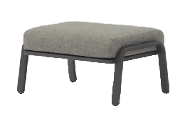 A grey upholstered outdoor ottoman with a dark grey metal frame is shown on a white background.