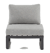 A light gray outdoor armless chair with a matching back cushion and seat cushion, set on a dark gray metal frame.