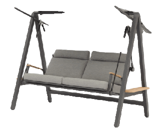 A modern two-seater outdoor swing with a grey fabric canopy and cushions, featuring a dark grey metal frame and wooden armrests.