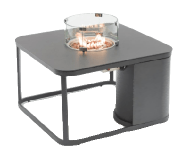 A square dark grey outdoor side table with a central glass-enclosed fire pit and a cylindrical base on one side.