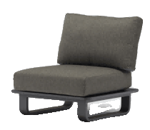 A modern outdoor lounge chair with dark gray cushions and a dark gray, low-profile base.