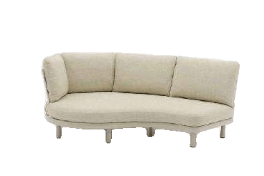 A light-colored, curved outdoor sofa with three seat cushions and a low backrest is shown against a plain white background.