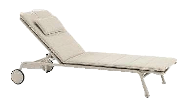 A light-colored outdoor chaise lounge with a padded cushion and wheels on one end is positioned on a plain white background.