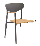 A modern dining chair with a dark gray backrest and frame, light wood armrests, and a light wood seat.