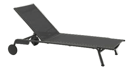 A dark gray outdoor chaise lounge with an adjustable backrest and wheels on the back legs is positioned on a light gray background.