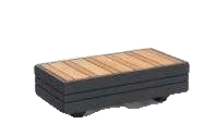 A rectangular outdoor coffee table with a dark grey base and a slatted light brown wooden top.