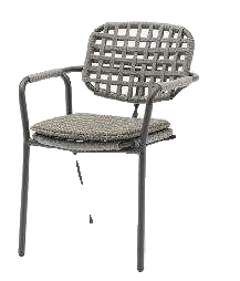 A gray outdoor armchair with a woven back and seat, featuring a dark gray frame and a light brown cushion on the seat.