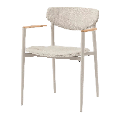 A light-colored outdoor armchair with a textured seat and backrest, and wooden accents on the armrests, is presented against a plain white background.