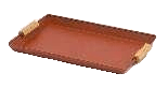 A rectangular serving tray with a reddish-brown surface and light wooden handles on either end is presented on a white background.