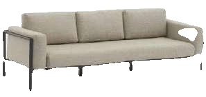 A modern three-seater sofa with a light beige fabric and a dark metal frame.