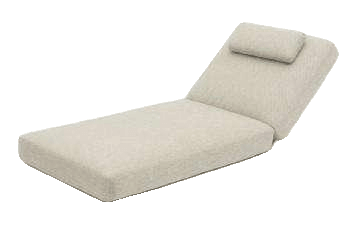 A light-colored outdoor chaise lounge with a padded cushion and an adjustable backrest is shown on a white background.