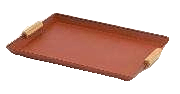 A rectangular serving tray with a reddish-brown finish and light wooden handles on a white background.