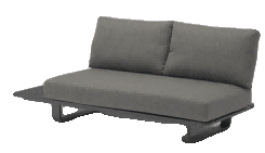 A modern outdoor two-seater sofa with dark gray cushions and a black frame, featuring a small side table integrated on the left.