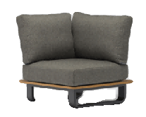 A corner outdoor lounge chair with dark grey cushions and a wooden base on a black metal frame is shown against a plain background.