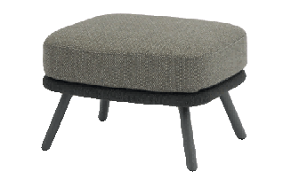 A modern outdoor ottoman with a grey upholstered cushion and dark grey legs is presented on a white background.