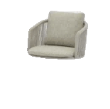 A light grey outdoor armchair with a woven rope back and arms, a matching cushion, and white metal legs is shown against a plain white background.