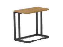 A small, rectangular side table with a textured, light brown top and a dark, C-shaped metal base.