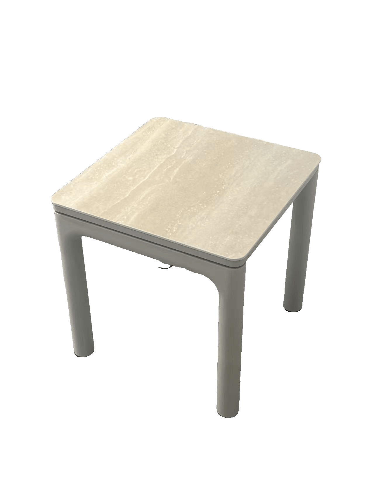 A square outdoor side table with a light beige marble-look top and light gray legs is placed on a speckled gray concrete surface, with a portion of a woven chair visible in the background.