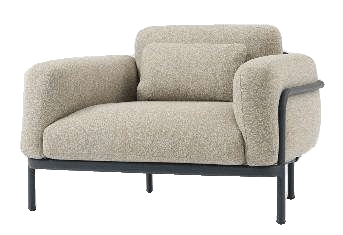 A single-seater armchair with a textured light beige fabric and a dark metal frame, featuring a small rectangular back cushion.
