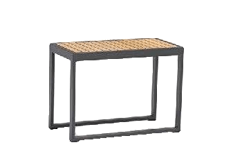 A rectangular outdoor console table with a dark gray metal frame and a light brown slatted top is shown against a white background.