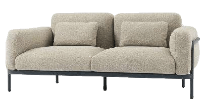 A modern two-seater sofa with light beige textured upholstery and a dark metal frame, featuring two matching throw pillows.