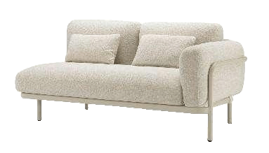 A light beige two-seater sofa with a textured fabric and a metal frame, featuring a single armrest on the right side and two matching throw pillows.