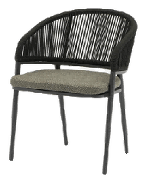 A modern outdoor dining chair with a black woven rope backrest and armrests, a dark gray upholstered seat cushion, and black metal legs.
