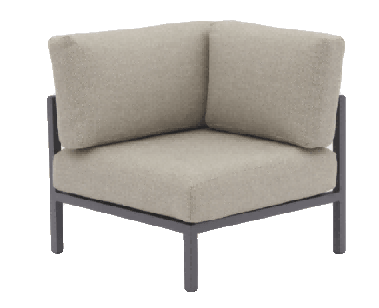 A modern outdoor corner chair with a dark grey metal frame and light beige cushions is shown against a plain white background.