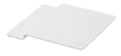 A white, rectangular, flat surface with a smaller, rectangular piece attached to one side, creating a stepped appearance.