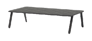 A rectangular outdoor dining table with a slatted dark gray top and four sturdy legs is presented against a plain white background.