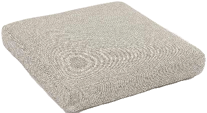 A square, light-colored outdoor cushion with a textured fabric is shown from a slightly elevated angle.
